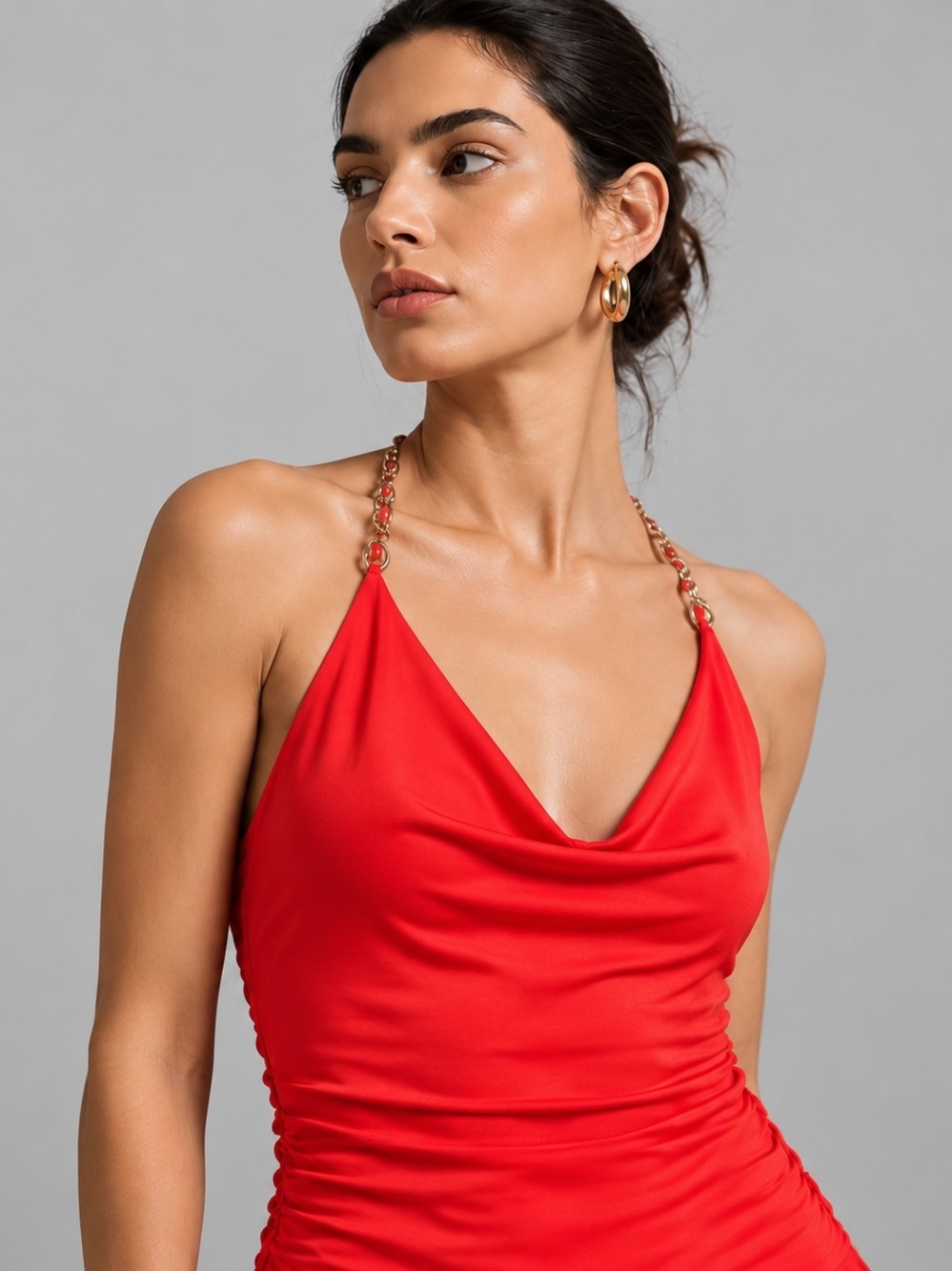 Vintage Y2K Orange Halter Top Stretch Ruched Cowl Neck Size Small